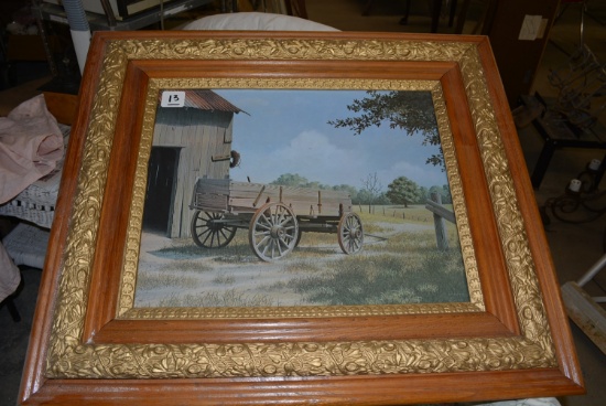 VINTAGE WOODEN FRAMED FARM PRINT UNDER GLASS