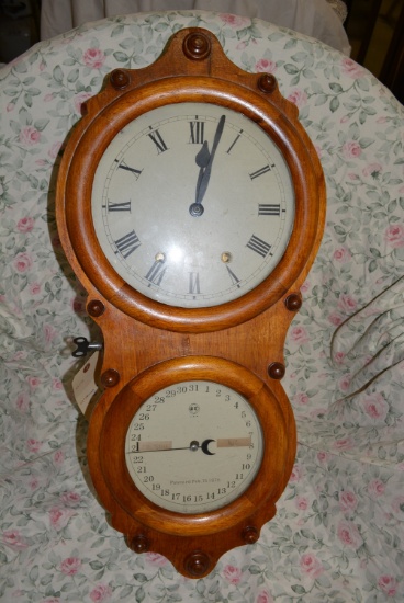 VINTAGE TWO DIAL WOODEN CALENDAR WALL CLOCK