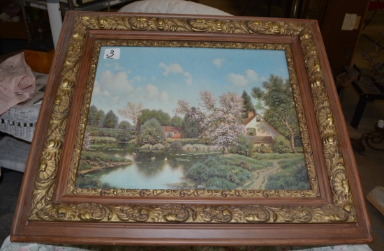 VINTAGE WOODEN FRAMED ESTATE PRINT UNDER GLASS