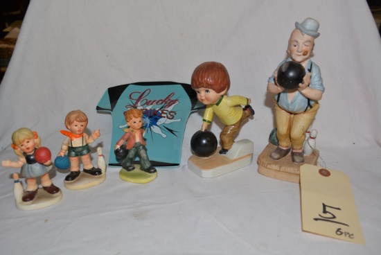 LOT OF CERAMIC BOWLING FIGURINES AND TRAY