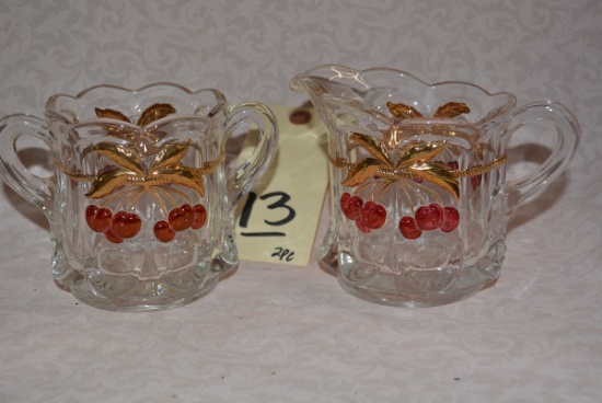 VINTAGE CHERRY DESIGN GLASS CREAMER AND SUGAR