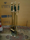 GREEN MARBLE AND BRASS FIREPLACE SET