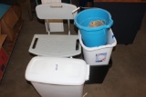 LOT OF TRASH CANS, ETC.