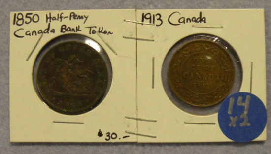 CANADA 1850 HALF PENNY, 1913 ONE CENT - 2 TIMES MONEY