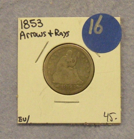 1853 SEATED LIBERTY QUARTER - WITH ARROWS, RAYS