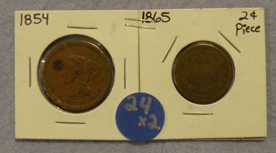 1854 LARGE CENT, 1865 TWO CENT PIECE - 2 TIMES MONEY