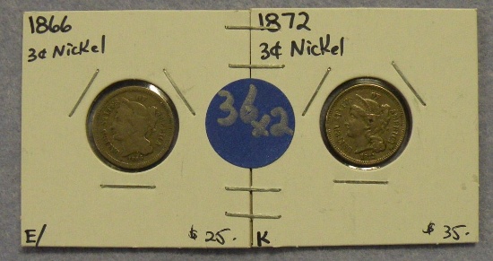 1866, 1872 NICKEL THREE CENT PIECES - 2 TIMES MONEY