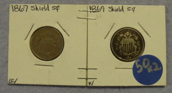 1867, 1869 SHIELD NICKELS - 2 TIMES MONEY