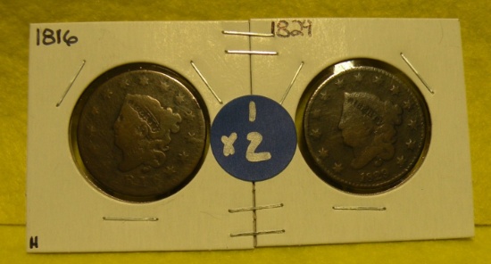 1816, 1829 CORONET HEAD LARGE CENTS - 2 TIMES MONEY