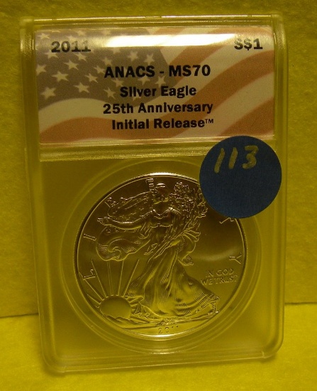 2011 SILVER EAGLE DOLLAR - 25TH ANNIV. INITIAL RELEASE - GRADED MS70