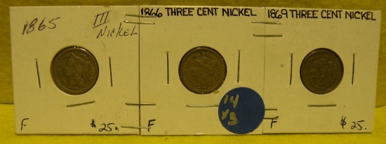 1865, 66, 69 NICKEL THREE CENT PIECES - 3 TIMES MONEY