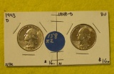 1943-D, 1948-D WASHINGTON SILVER QUARTERS - 2 TIMES MONEY
