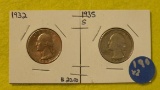 1932, 1935-S SILVER WASHINGTON QUARTERS - 2 TIMES MONEY