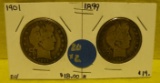 1899, 1901 BARBER HALF DOLLARS - 2 TIMES MONEY