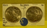 1922 W/DIE BREAK, 1922-D SILVER PEACE DOLLARS - 2 TIMES MONEY