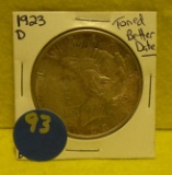 1923-D SILVER PEACE DOLLAR - TONED, BETTER DATE