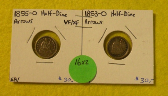 1853-O, 55-O SEATED LIBERTY HALF DIMES W/ARROWS - 2 TIMES MONEY