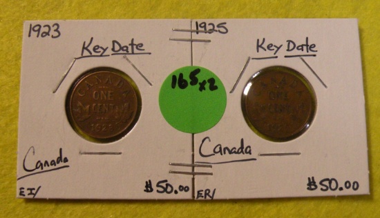 1923, 1925 CANADA ONE CENTS - KEY DATES - 2 TIMES MONEY