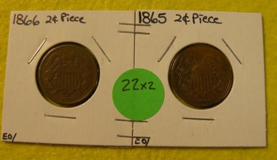 1865, 1866 U.S. TWO CENT PIECES - 2 TIMES MONEY
