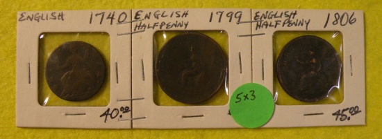 1740 ENGLISH, 1799, 1806 ENGLISH HALF PENNIES - 3 TIMES MONEY