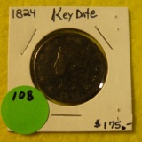 1824 CORONET HEAD LARGE CENT - KEY DATE