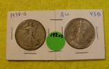 1934-S, 43-D WALKING LIBERTY HALF DOLLARS - 2 TIMES MONEY