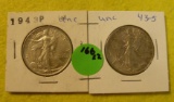 1943, 43-S WALKING LIBERTY HALF DOLLARS - 2 TIMES MONEY