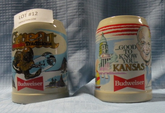 2 BUDWEISER STONEWARE MUGS - KANSAS, NEBRASKA - MARKED W. GERMANY