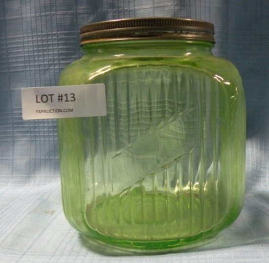 GREEN VASELINE GLASS CANISTER W/LID