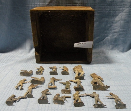 PRIMITIVE WOOD BOX W/METAL MILITARY TOY FIGURES