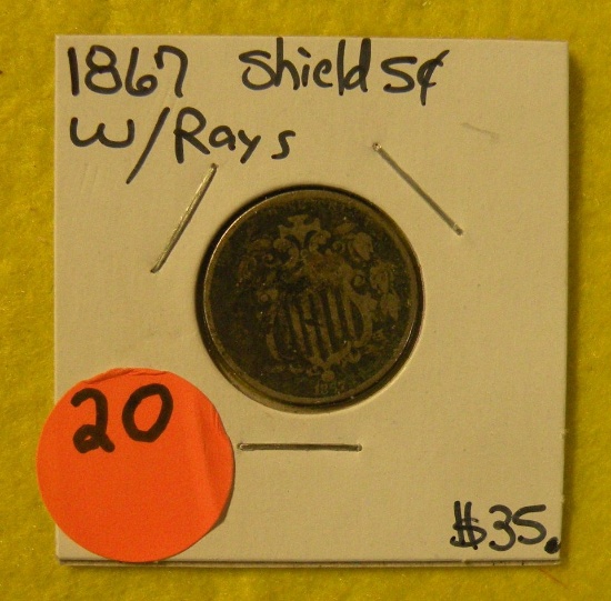 1867 SHIELD NICKEL W/RAYS