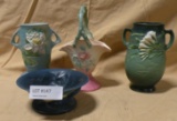 3 ROSEVILLE, 1 HULL POTTERY PIECES - ALL WITH DAMAGE