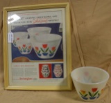 ANCHORGLASS FRAMED AD, FIRE KING TULIP MIXING BOWL
