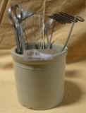 UNMARKED STONEWARE CANISTER W/5 GREEN WOOD HANDLE UTENSILS