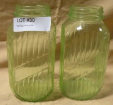 2 GREEN VASELINE GLASS CANISTER JARS - NO LIDS