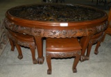 HANDCARVED ORIENTAL THEME LOW COFFEE TABLE W/6 STOOLS - WILL NOT SHIP