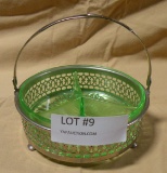 GREEN VASELINE GLASS DIVIDIED DISH W/CARRIER