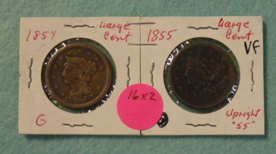 1854, 1855 BRAIDED HAIR LARGE CENTS - 2 TIMES MONEY