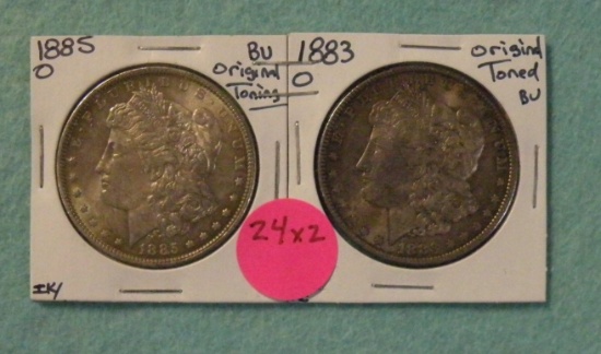 1883-O, 1885-O MORGAN SILVER DOLLARS - BOTH TONED - 2 TIMES MONEY