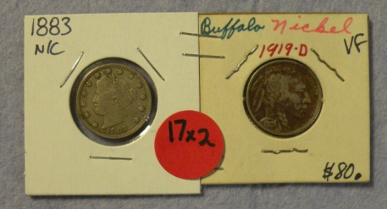 1883 V NICKEL - NO CENTS, 1919-D BUFFALO NICKEL - 2 TIMES MONEY