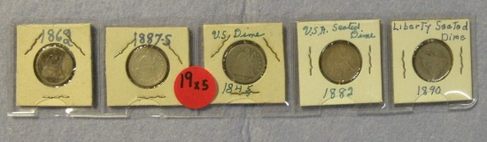 1845, 1862, 1882, 1887-S, 1890 LIBERTY SEATED DIMES - 5 TIMES MONEY