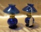 PAIR COBALT BLUE GLASS KEROSENE LAMPS W/CHIMNEY, SHADES