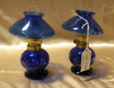 PAIR COBALT BLUE GLASS KEROSENE LAMPS W/CHIMNEY, SHADES