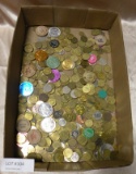FLAT BOX OF ASSORTED GAMING TOKENS, WOODEN NICKELS