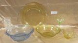 6 PIECES ASSORTED COLORED GLASSWARE - MOSTLY DEPRESSION GLASS