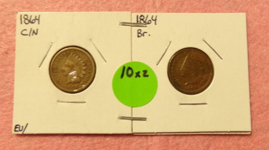 1864 COPPER/NICKEL, 1864 BROWN INDIAN HEAD PENNIES - 2 TIMES MONEY