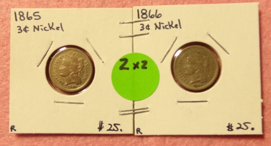 1865, 1866 NICKEL THREE CENT PIECES - 2 TIMES MONEY