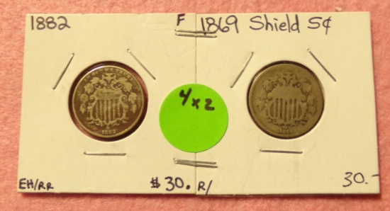 1869, 1882 SHIELD NICKELS - 2 TIMES MONEY