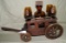 LIQUOR DECANTER/GLASS SET WITH WOODEN STAGECOACH HOLDER