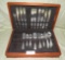 ASSORTED SILVER PLATE SILVERWARE IN LINED WOOD CASE